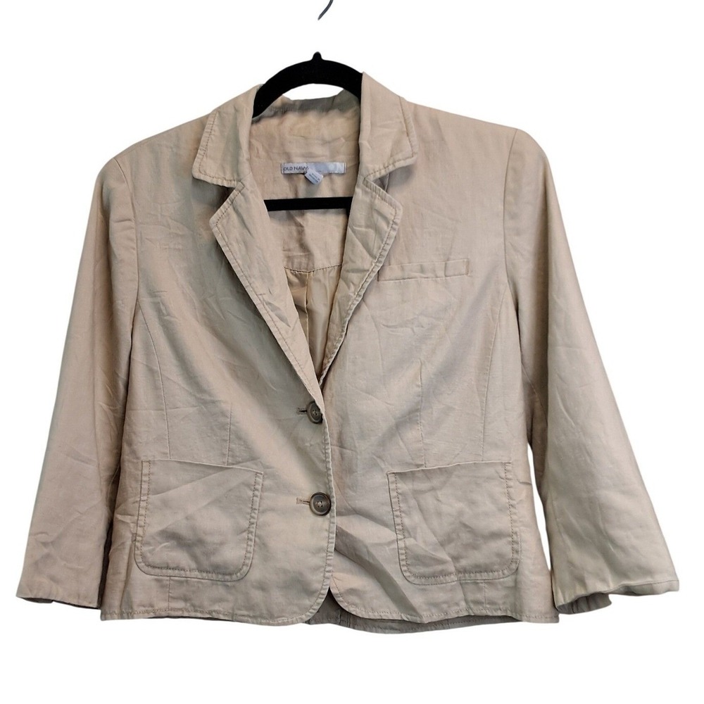 Old Navy Womens Tan 100% Linen 2 Button Blazer Jacket Beige Size M 3/4 Sleeve